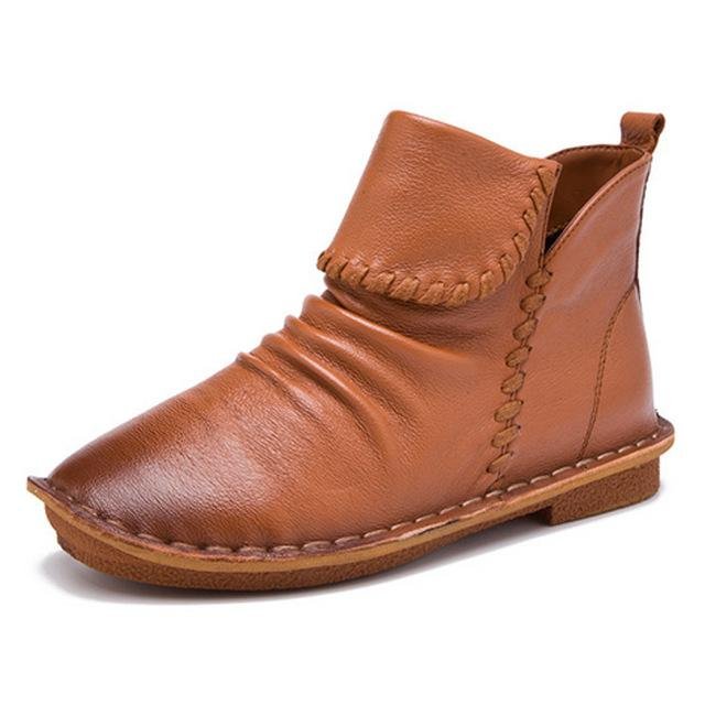 Size 35-40 Women Boots 2017 Autumn Fashion Genuine Leather Sewing Casual Shoes Soft Pleated Zipper F