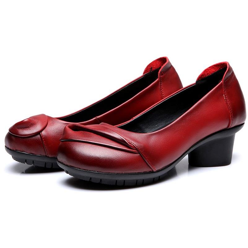Women Pumps Soft Genuine Leather Med Heel Shoes Spring Autumn Comfortable Thick Heel Shoes Shallow W