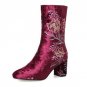 Size 34-43 Women Real Leather High Heel Boots Flower Mid Calf Boots Women Warm Fur Shoes Winter Bota