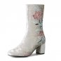 Size 34-43 Women Real Leather High Heel Boots Flower Mid Calf Boots Women Warm Fur Shoes Winter Bota