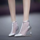 women real genuine leather wedge shoes sexy brand fashion see through pointed toe heels fashion pump