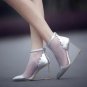 women real genuine leather wedge shoes sexy brand fashion see through pointed toe heels fashion pump
