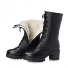 Women Winter Lace-Up Vintage Thick Heels Boots Genuine Leather Shoes Thick Warm Wool Lady Retro Mid 