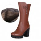 Women\'s Shoes Warm Wool Genuine Leather Women Snow Boot High Heels Mid-Calf Boots Women Winter Shoe