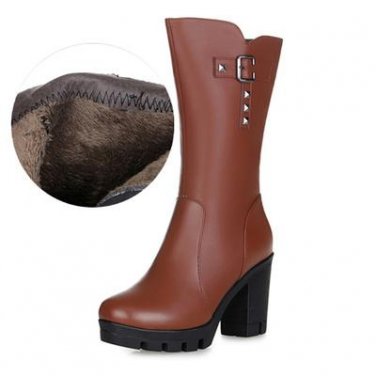 Women\'s Shoes Warm Wool Genuine Leather Women Snow Boot High Heels Mid-Calf Boots Women Winter Shoe