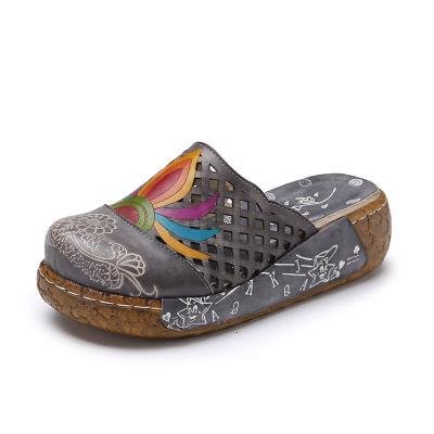 Women\'s Summer Shoes 5CM Heel Genuine Leather Sandals Ethnic Style Floral Sewing Fashion Slippers P