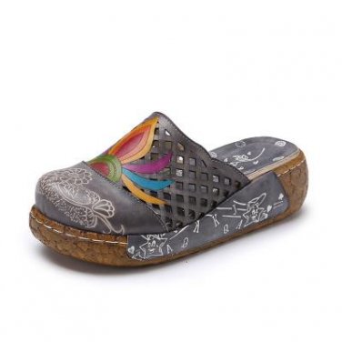 Women\'s Summer Shoes 5CM Heel Genuine Leather Sandals Ethnic Style Floral Sewing Fashion Slippers P