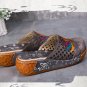 Women\'s Summer Shoes 5CM Heel Genuine Leather Sandals Ethnic Style Floral Sewing Fashion Slippers P