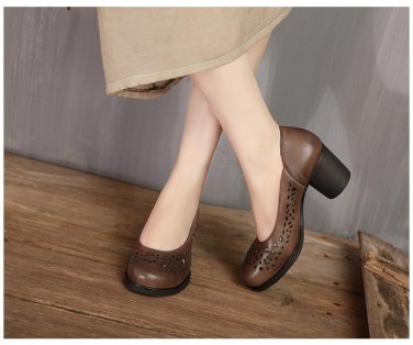 Spring Women Pumps Genuine Leather Hollow Handmade Vintage Women High Heel Shoes
