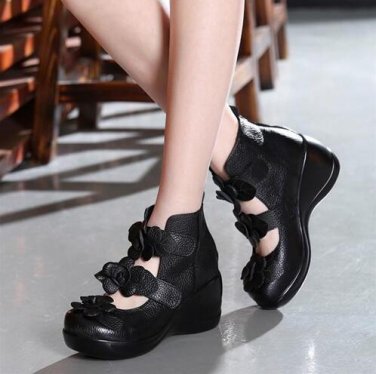 High Wedges Platform Pumps For Women Brand Genuine Leather High Heels Platform Round Toe Pumps Women