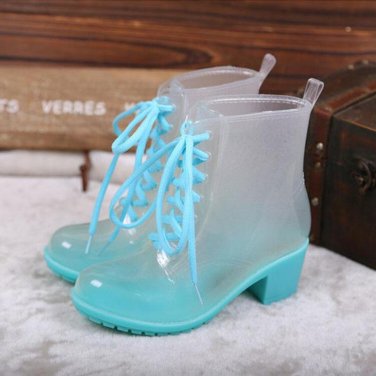 Women Rubber Rain Boots 11 Candy Colors High Heels Mid-Calf Rubber Rainboots Lace-Up Water Shoes
