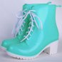 Women Rubber Rain Boots 11 Candy Colors High Heels Mid-Calf Rubber Rainboots Lace-Up Water Shoes
