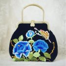 Embroidery Flower Velvet Lady Bags Handbags Women Famous Brands Black Velour Vintage Purse Metal Clu