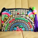 Vintage Hmong Tribal Ethnic Thai Indian Boho shoulder bag messenger embroidery, pom pom trim SYS-452