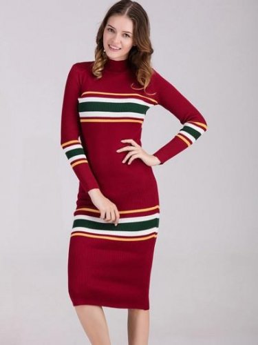 Striped Long Sleeve Sheath Women\'s Sweater Dress
