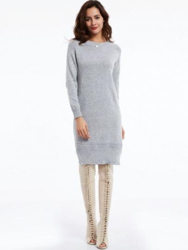 Gray Plain Round Neck Women\'s Sweater Dress