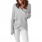 Fashion Womens Sweater Long V-Neck Cross Long Sleeve Loose Knitted Casual Jumper Tops Solid Gray Whi