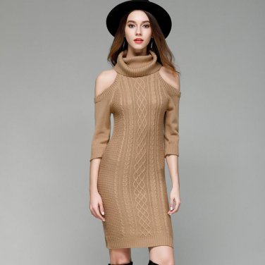 Women Open Shoulder Turtleneck Sweater Dress Fashion 3/4 Sleeve Elegant Knit Dresses Sexy Slim Party