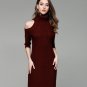 Women Open Shoulder Turtleneck Sweater Dress Fashion 3/4 Sleeve Elegant Knit Dresses Sexy Slim Party