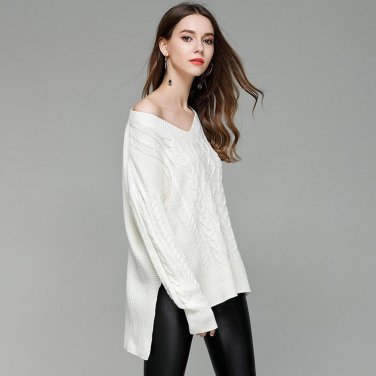 2018 Brand New Autumn Winter Women Pullovers Long Sleeve V Neck Casual Irregular Knitted Sweaters Ju