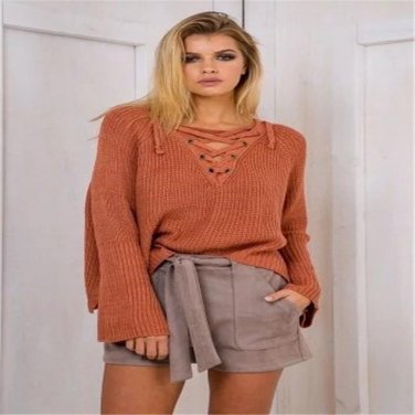 Knitted Sweater 2017 Spring Autumn Sexy V Neck Sweaters Flare Sleeve Ladies Causal Solid Knit Sweate