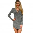 Elegant Winter Dress Women Long Sleeve Sweater Dress Casual Bandage Gray Ladies Sexy Deep V-neck  Bo