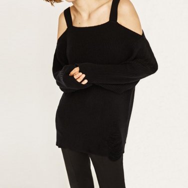2017 Women Off Shoulder Strappy Long Sleeve Vintage Autumn Warn Casual Loose Solid Black Knitted Swe
