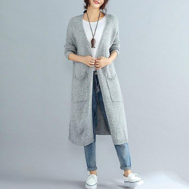 New Women Retro Back Hollow Out Long Sweater Cardigan Autumn Open Front Long Sleeve Knitted Casual L