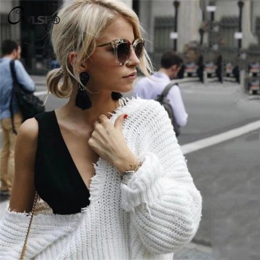 CWLSP New Women Fashion Pullover Sweaters Autumn Long Sleeve Deep V-Neck Tops Tassel Knitted blusas 