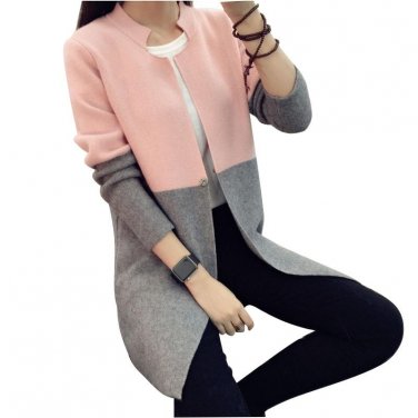 2016 New Winter Long Pink Sweater Contrast Color Slim Sweet Cardigan Female Knitted Sweater Coat Car