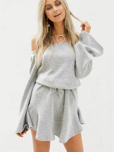 Gray Slash Neck Lace up Women\'s Sweater Dress