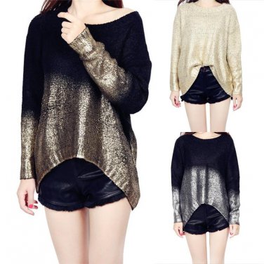 2017 Gradient Bronzing Golden Color Printed Women Knit Sweater Ladies Batwing Sleeve Loose Pullover 