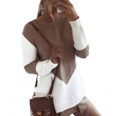 2017 ladies Blouse Long Sleeve Crew Neck Splice Pullover Sweater Female Loose Contrast Color Work Bl