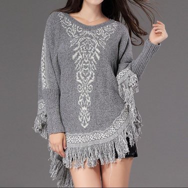 Top Quality 2017 New Women Batwing Sleeve V Neck Sweaters Female Vintage Print Tassel Loose Warm Kni