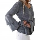 Fashion Womens V Neck Flare Sleeve Knited Pullover Jumper 2017 Ladies Ruffles Loose Casual Autumn Wi