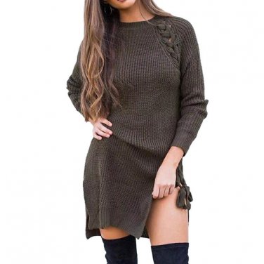 2017 Long Sleeve Crew Neck Side Crossed Lace-Up Women Autumn Winter Knitted Blusas Loose Basic Weste