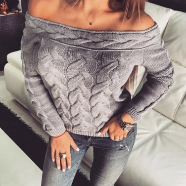 Women Knitted Sweater Off Shoulder Jumper Winter Autumn Long Sleeve Female Tops Fall Pullover WS4977