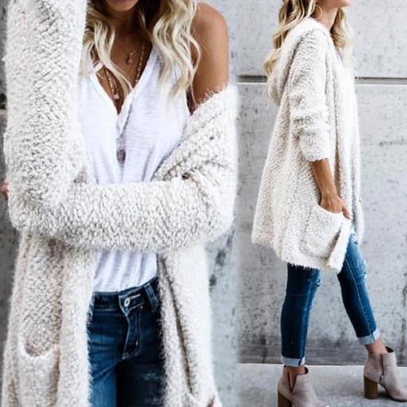 2XL XL 7 Colors Long Cardigan Sweater with Hat Autumn 2017 Women Outwear Long Sleeve Pockets Winter