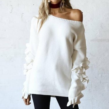 Butterfly Sleeve Knitted Pullover Sexy One Shoulder Round Neck Sweater Women Autumn Winter Loose Str