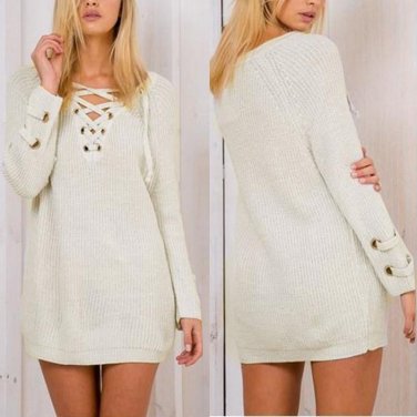 2017 Spring Womem Knit Long Sweater Dress Ladies Sexy Loose Casual Solid Tops Lace Up Jumper Bandage