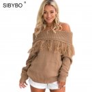 Sibybo Tassel Off Shoulder Sexy Women Sweaters and Pullovers Long Sleeve Knitted Warm Winter Sweater