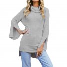 2017 Women Autumn Sweater Loose Turtleneck Flare Bell Sleeve Split Asymmetrical Ladies Casual Pullov