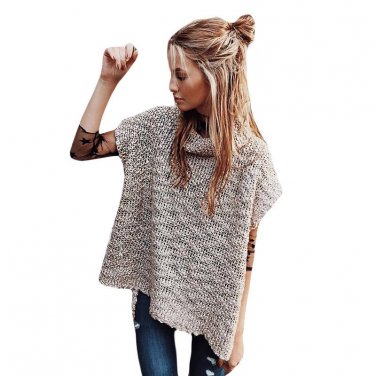 Solid Color Knitting Poncho Turtleneck Improper Women Vintage Street Wrap Winter Short Sleeve Sweate