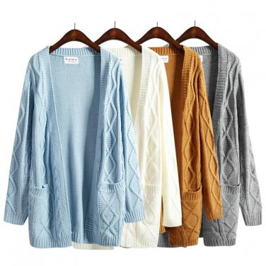 2017 spring autumn new women sweater coat thick twist sweater long section knit cardigan solid color