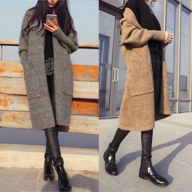 Women Spring Autumn Long Sleeve Solid Color Cardigan Loose Knit Sweater Coat