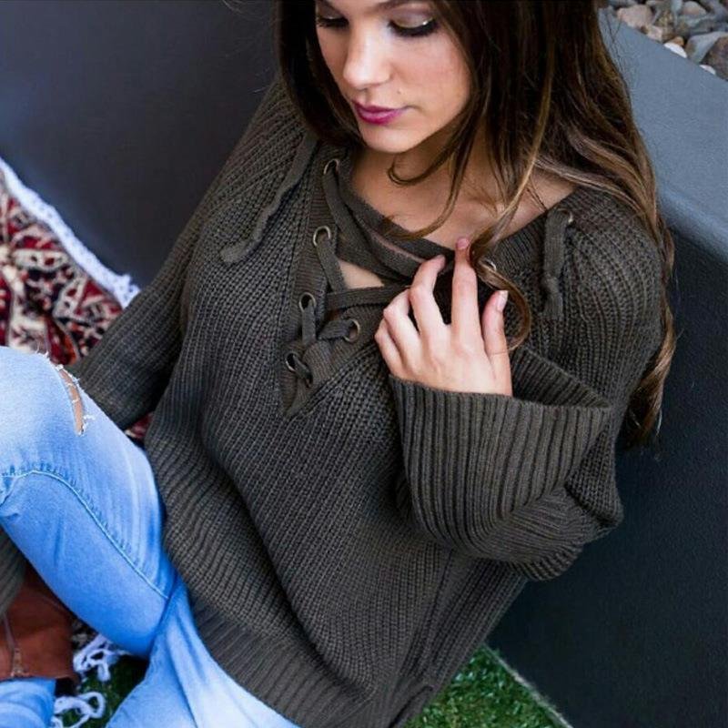 Fashion Women Knitted Sweater Sexy V-Neck Long Sleeve Lace Up Pullover Women sexy Tops plus size LJ