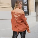 Girl Black Sexy Lace Up V Neck Knitted Pullovers Women Sweater Long Sleeve Hollow Out Casual Autumn 