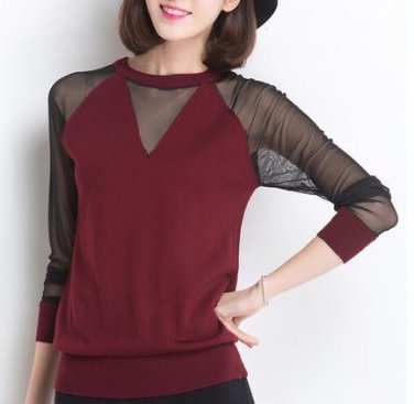 2016 casual women\'s round neck sweater sexy lace organza embroidered knit base long sleeves shirt