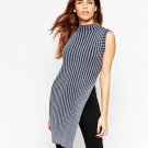 New Women Sweater Sleeveless Stand Collar Striped Split Hem Long Sweater Basic Knitting Pullovers Pu