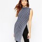 New Women Sweater Sleeveless Stand Collar Striped Split Hem Long Sweater Basic Knitting Pullovers Pu